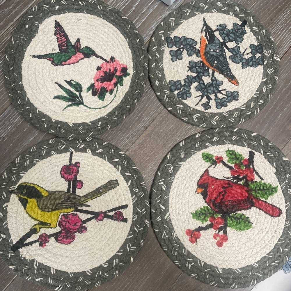 Bird Embroidered Coaster Set - Cream and Multicolor